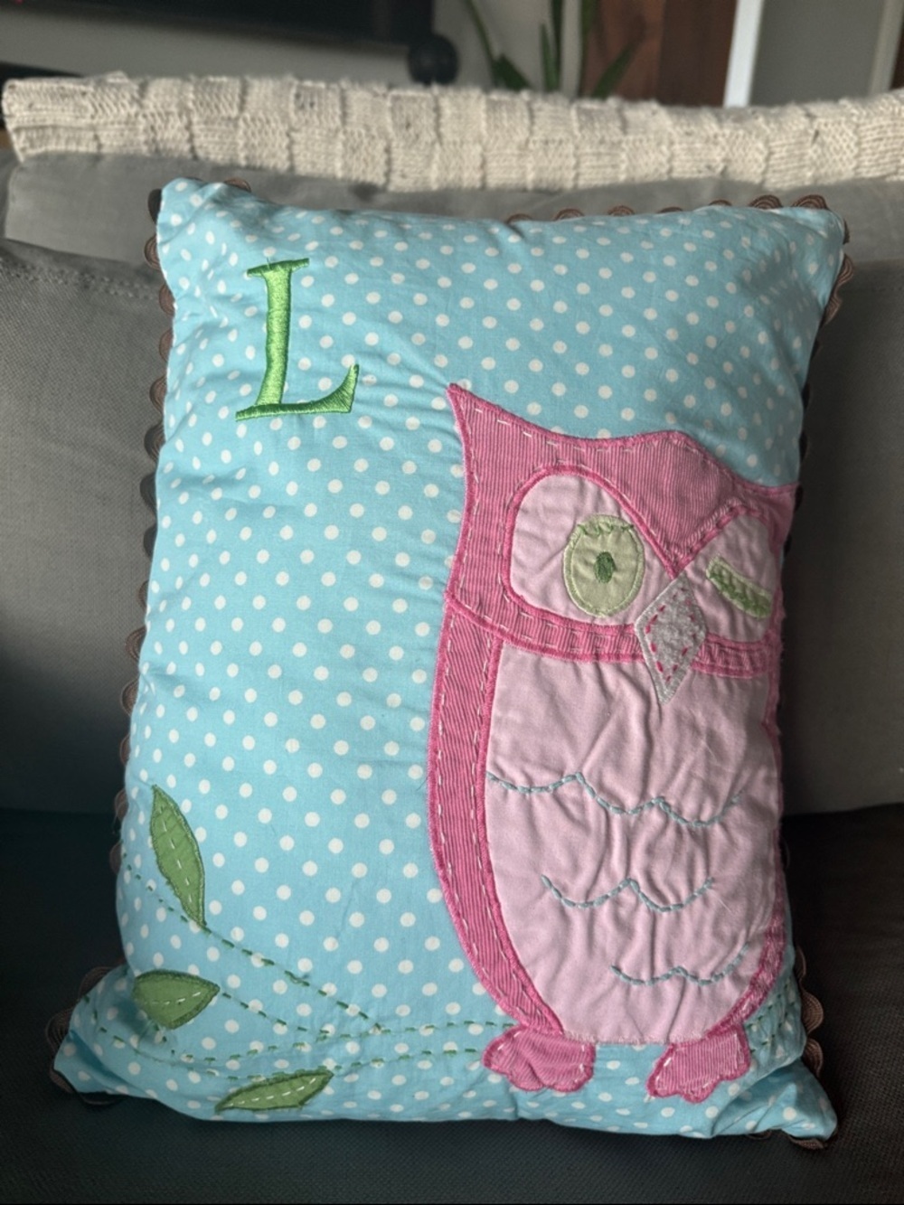 Pottery Barb Kids Owl Throw Pillow pastels embroidered patchwork scalloped pink